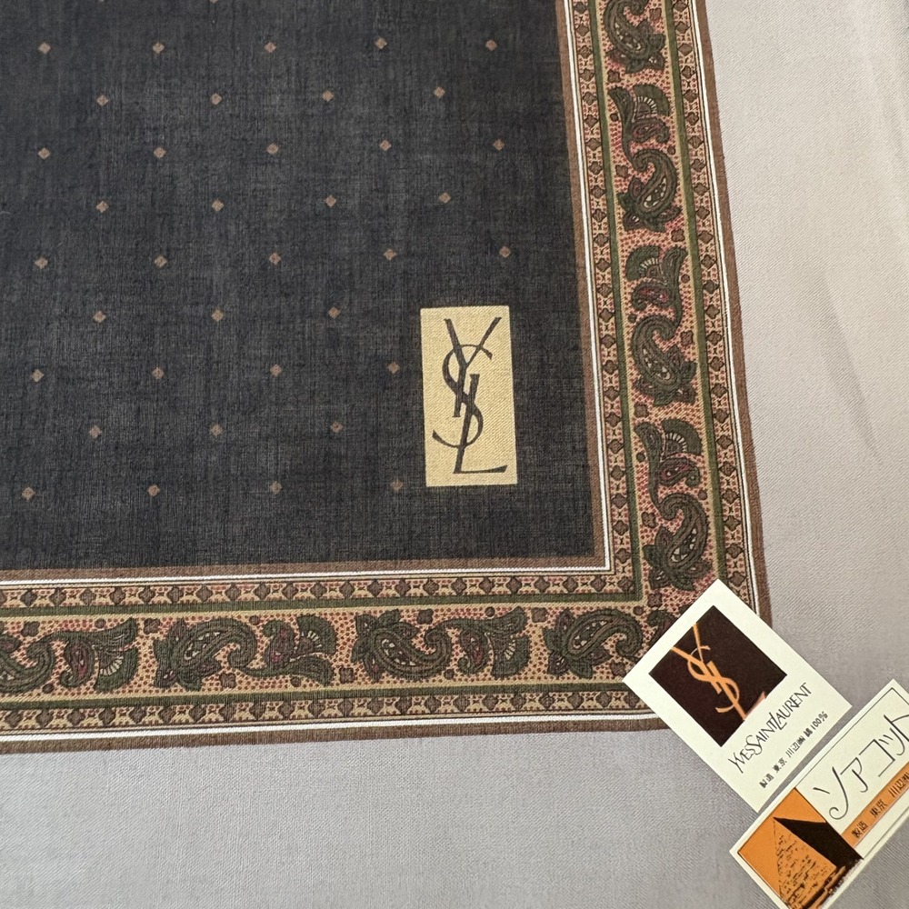 Yves Saint Laurent Scarf Handkerchief Paisley Cotton Grey Dot Center Logo 19"